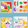 A wooden 3D puzzle board for toddlers featuring various cartoon animals and fruits.