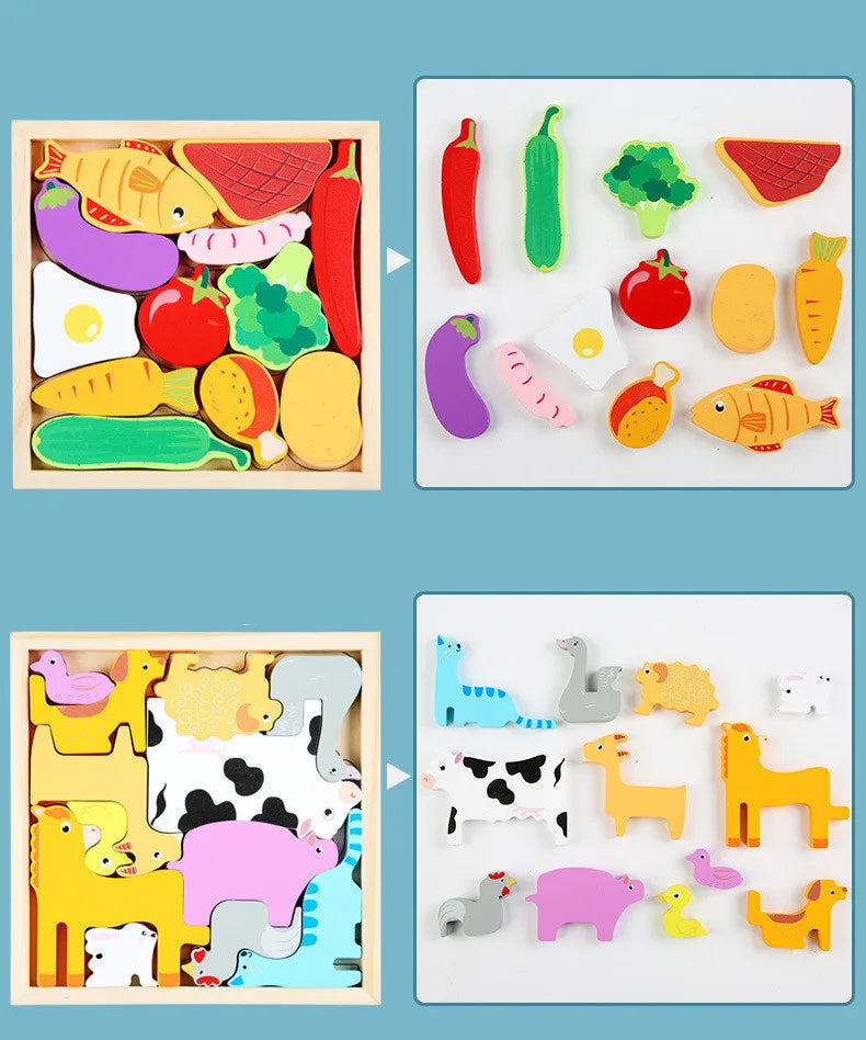 A wooden 3D puzzle board for toddlers featuring various cartoon animals and fruits.