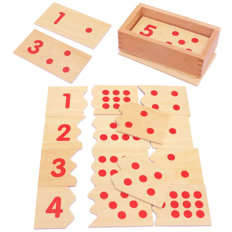 Wooden Montessori math learning set with spindle box and geometric shapes including numbered wooden tiles