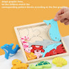 A wooden 3D puzzle board with various cartoon animal and fruit shapes for children to match lines.
