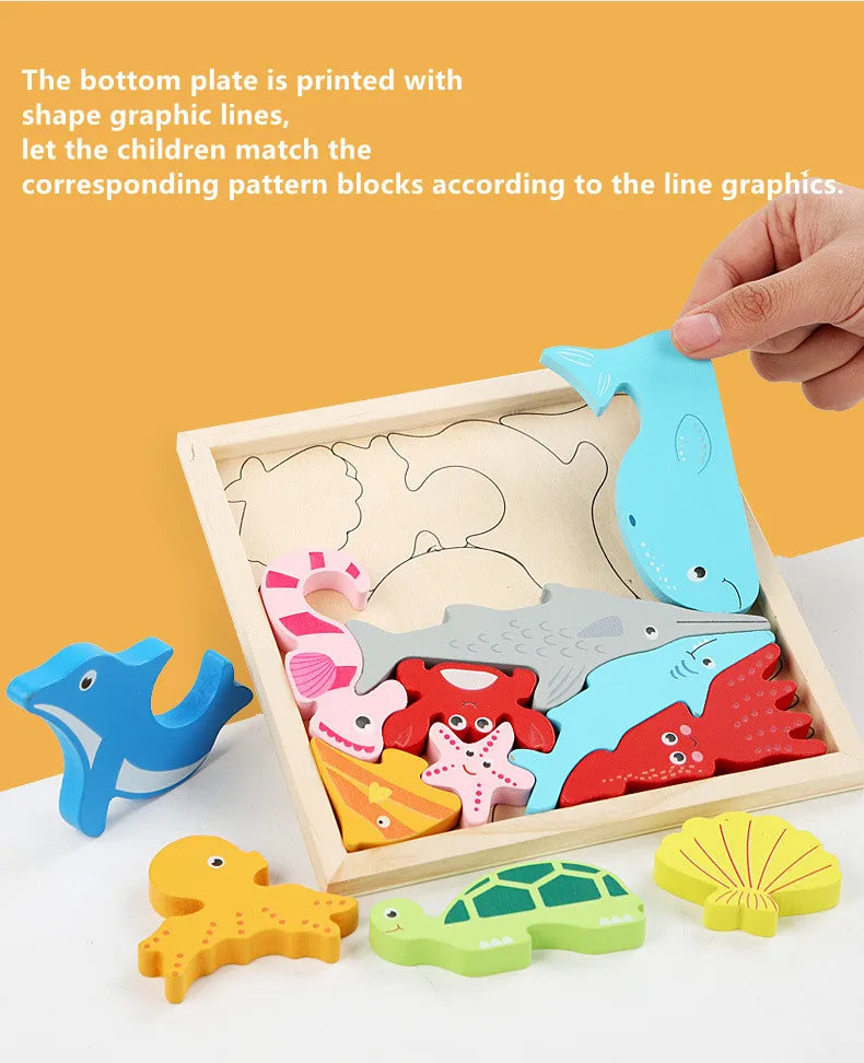 A wooden 3D puzzle board with various cartoon animal and fruit shapes for children to match lines.
