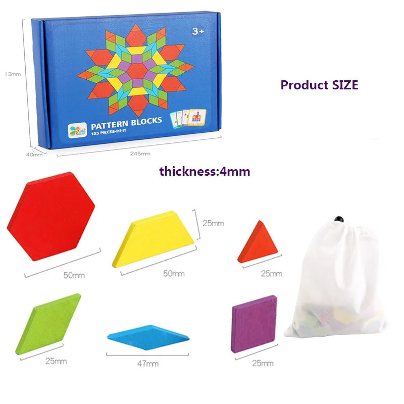 Wooden Pattern Blocks Set – 155-Piece Educational Shape Puzzle for Kids