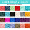 A collection of seed beads in 24 different colors, packaged for jewelry making.