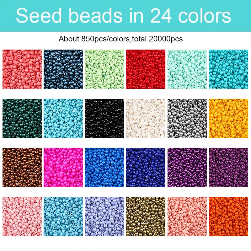 A collection of seed beads in 24 different colors, packaged for jewelry making.