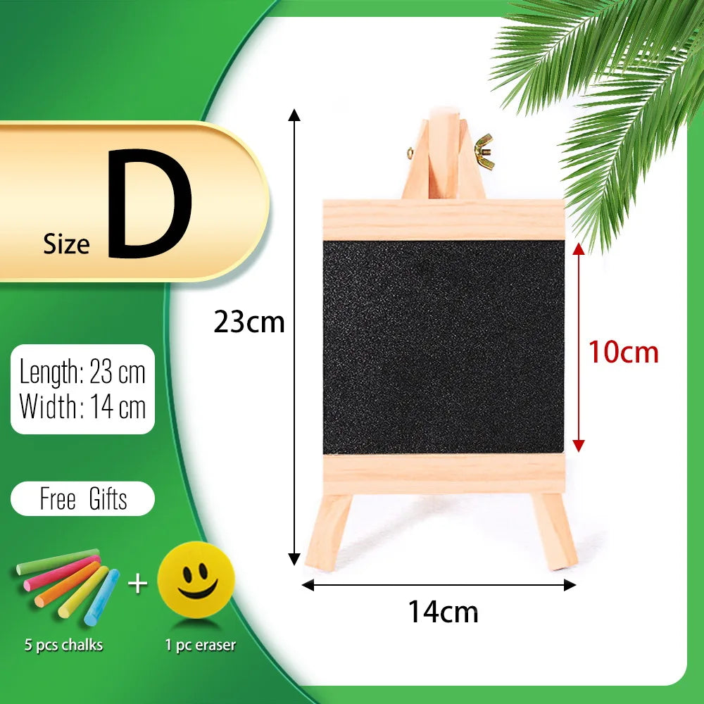 Mini wooden chalkboard easel with black board and natural wood frame, showing dimensions.