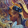 A portrait of an African woman with intricate swirling patterns and gold accents, created using diamond painting techniques.
