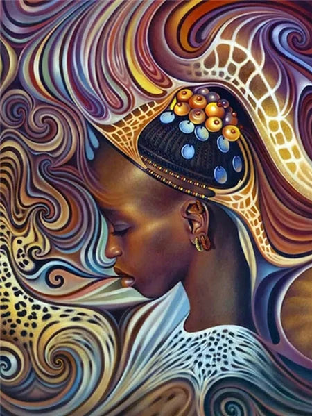 A portrait of an African woman with intricate swirling patterns and gold accents, created using diamond painting techniques.