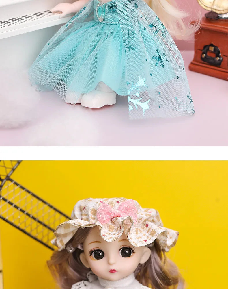 16cm Articulated Fashion Doll with Big Eyes and Dress-Up Outfit