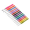 A set of colorful soft-handle aluminum crochet hooks arranged diagonally.