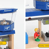 A wooden train track accessory set featuring an airport and gas station scene with blue and natural wood components.