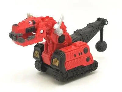 A red die-cast dinosaur truck toy with a removable dino figure.