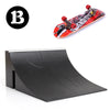 A finger skateboard park set featuring a skateboard and ramps, with a black board and red accents.
