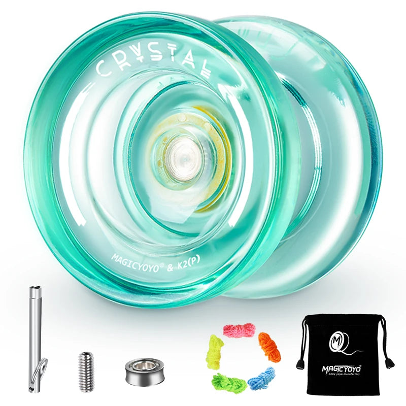 Crystal plastic yo-yo and related accessories including a metal spinner and a black storage pouch