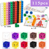 A set of 15 Rainbow Link Cubes in various colors and sizes used for Montessori math and counting blocks.
