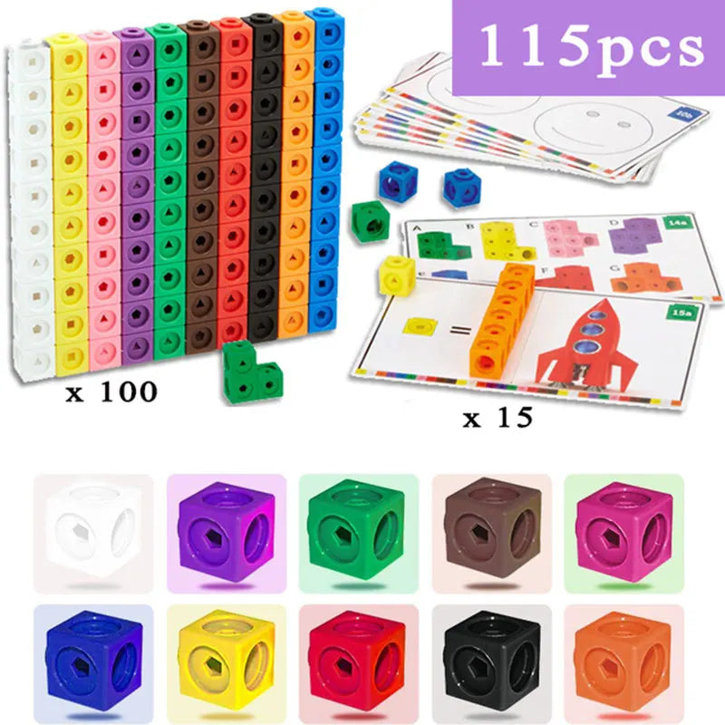 A set of 15 Rainbow Link Cubes in various colors and sizes used for Montessori math and counting blocks.