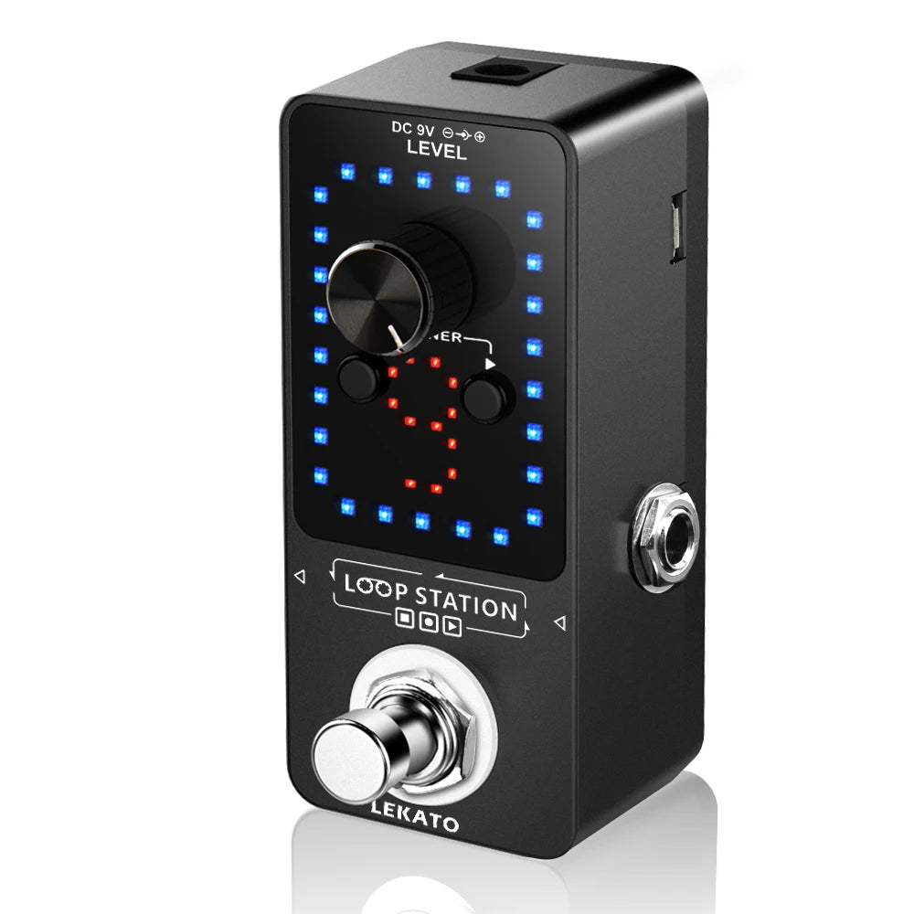 Black Lekato looper guitar pedal with a tuner and loop station display