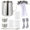 A complete candle making kit showing a stainless steel pouring pot, white wicks, and a metal fixator tool.