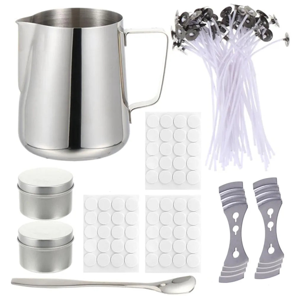 A complete candle making kit showing a stainless steel pouring pot, white wicks, and a metal fixator tool.