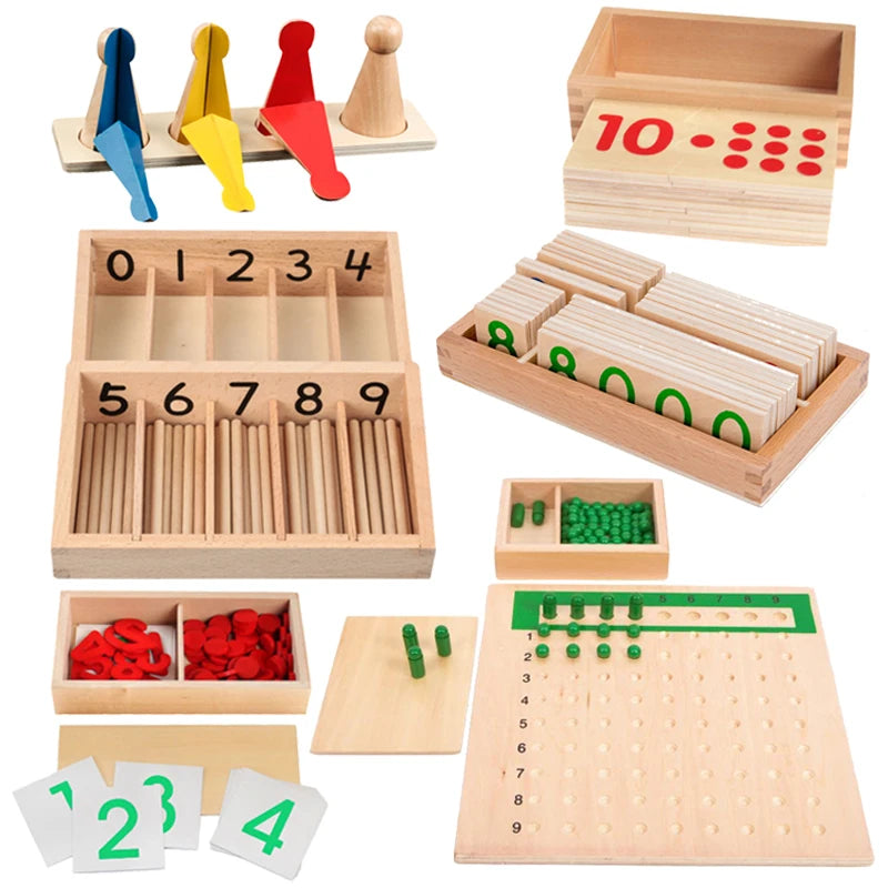 A wooden Montessori math learning set featuring a spindle box, geometric shapes, and a wooden grid board.