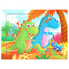 A wooden jigsaw puzzle featuring three colorful cartoon dinosaurs in a jungle setting.