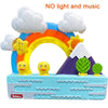 A colorful bath toy set featuring a rainbow arch, clouds, and duck figures on a blue base.