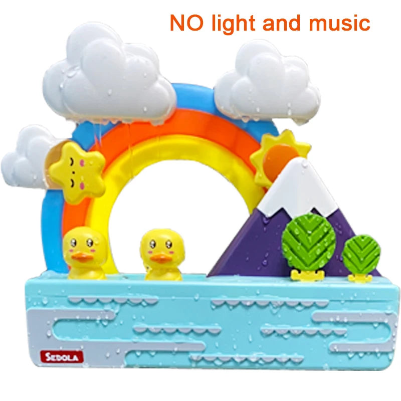 A colorful bath toy set featuring a rainbow arch, clouds, and duck figures on a blue base.