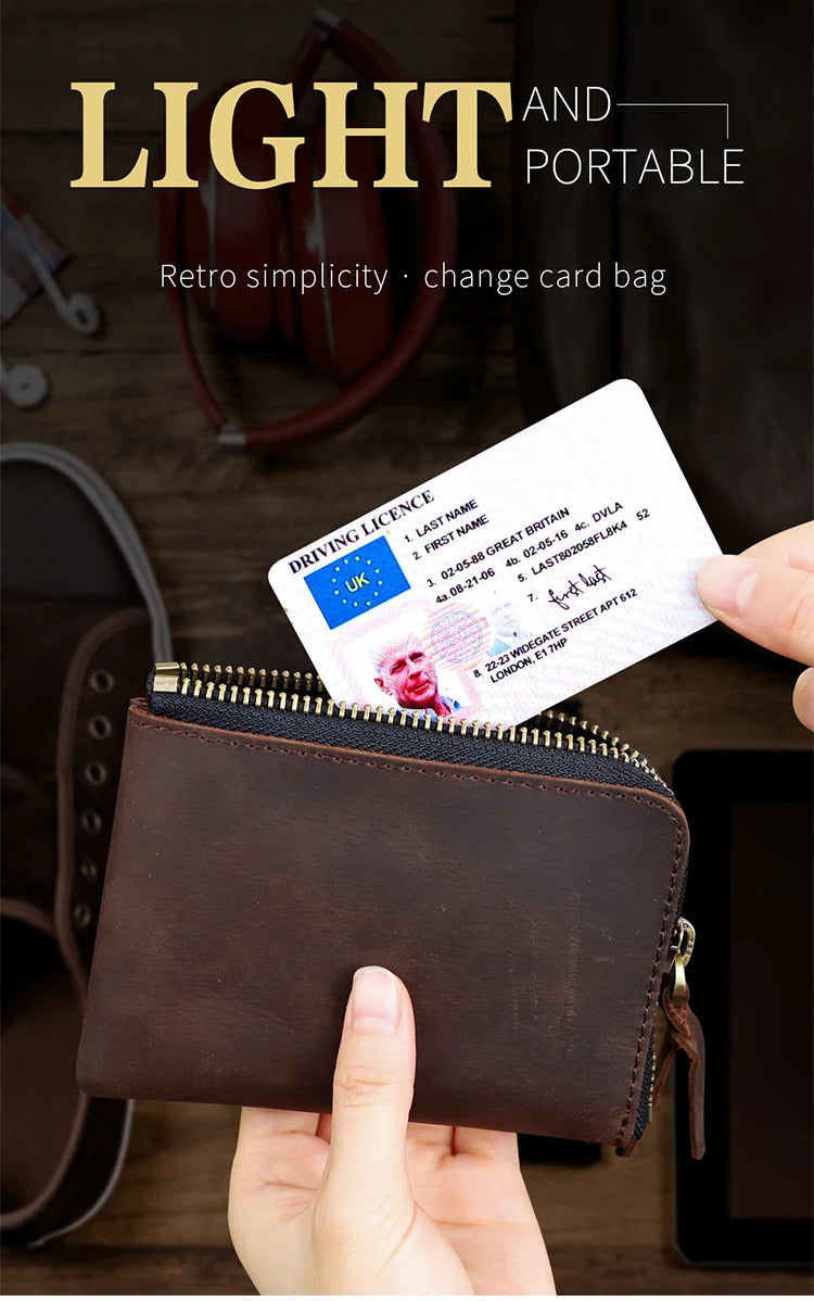 A brown leather coin purse with a zipper is shown next to a driver's license and shoes.