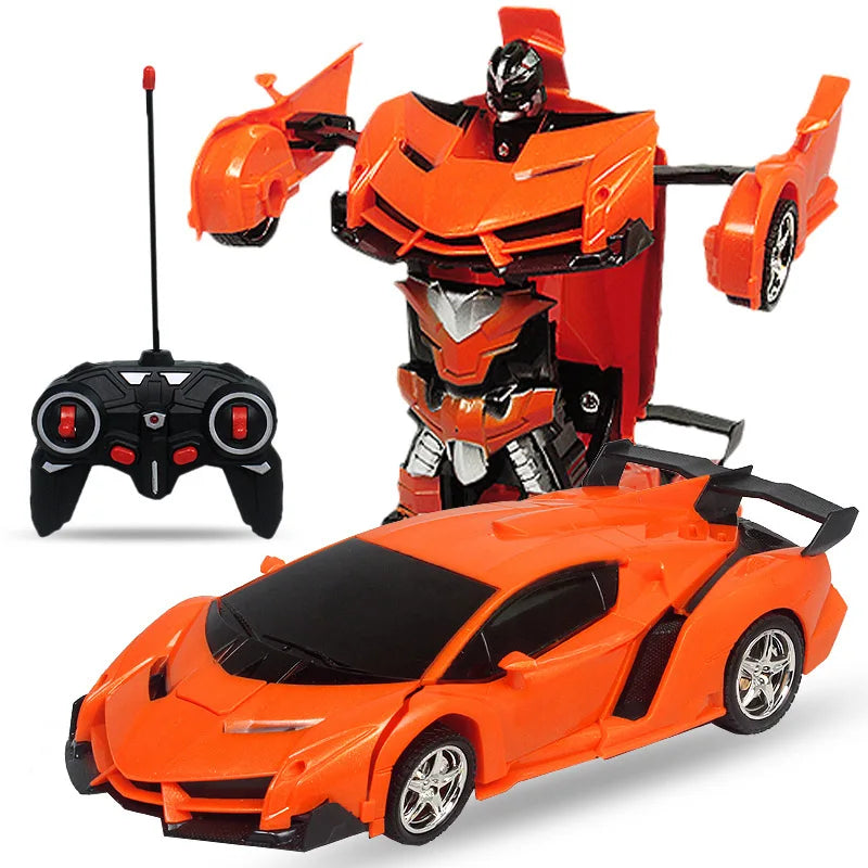 Orange transforming RC car robot with remote control and a separate controller.