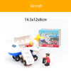 A set of wooden aircraft models and accessories for building airport and gas station scenes.