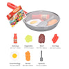 A set of pretend play food toys including ketchup, vegetables, beef, hot dog, poached egg, bread, and a spatula in a silver b