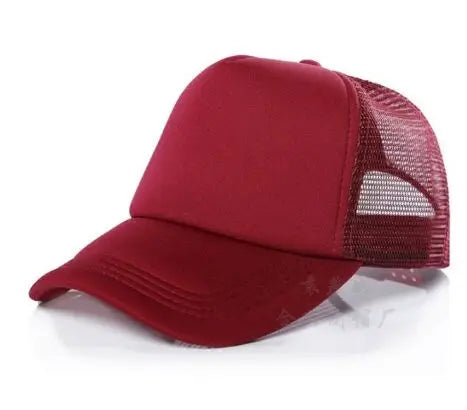 A maroon trucker hat with a mesh back and a solid front, shown from above.