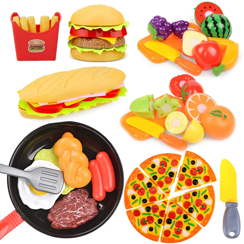 A set of pretend play food toys including a hamburger, hot dog, sandwich, pizza, and various fruits and vegetables.