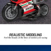 A red and black racing motorcycle model is shown in a dynamic angle, highlighting realistic detailing.