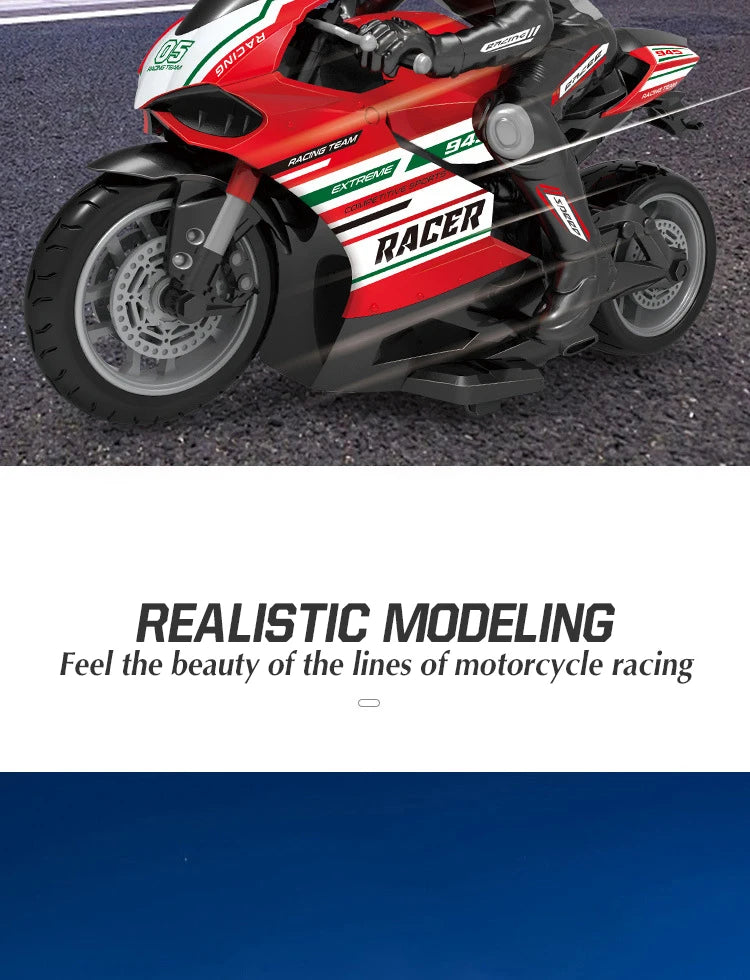 A red and black racing motorcycle model is shown in a dynamic angle, highlighting realistic detailing.