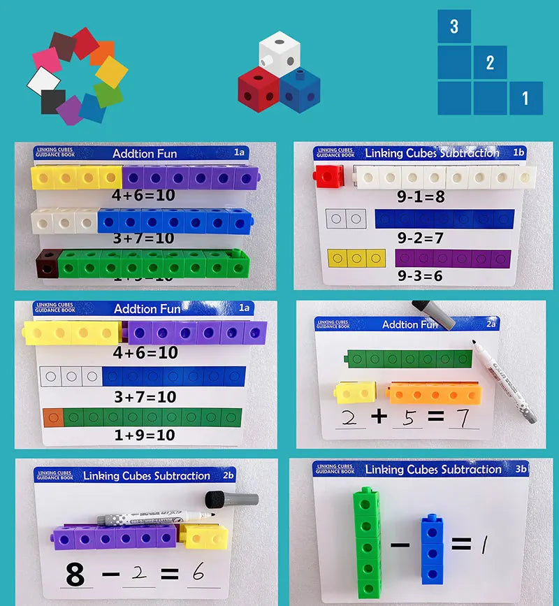 A set of colorful linking cubes used for Montessori math and counting blocks demonstrating addition and subtraction problems.