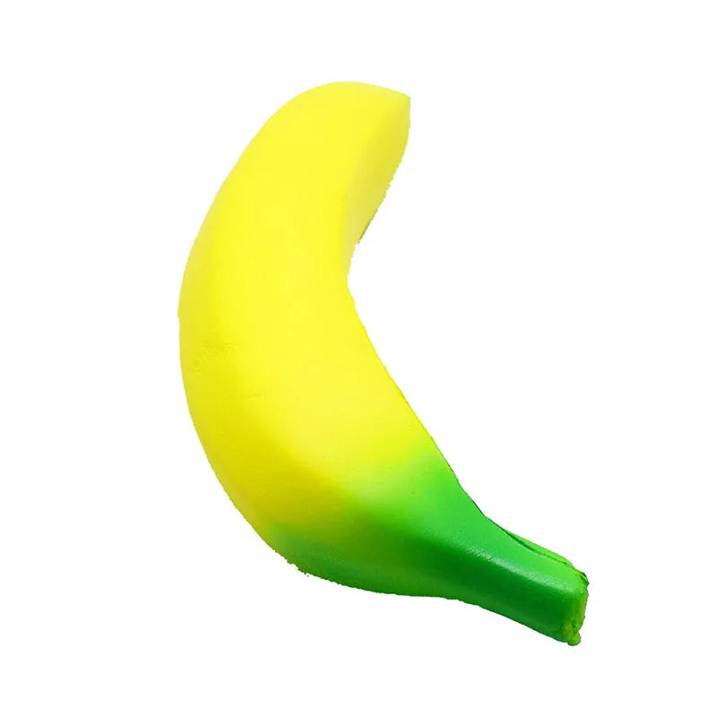 A bright yellow squishy banana stress reliever toy shown from the side.