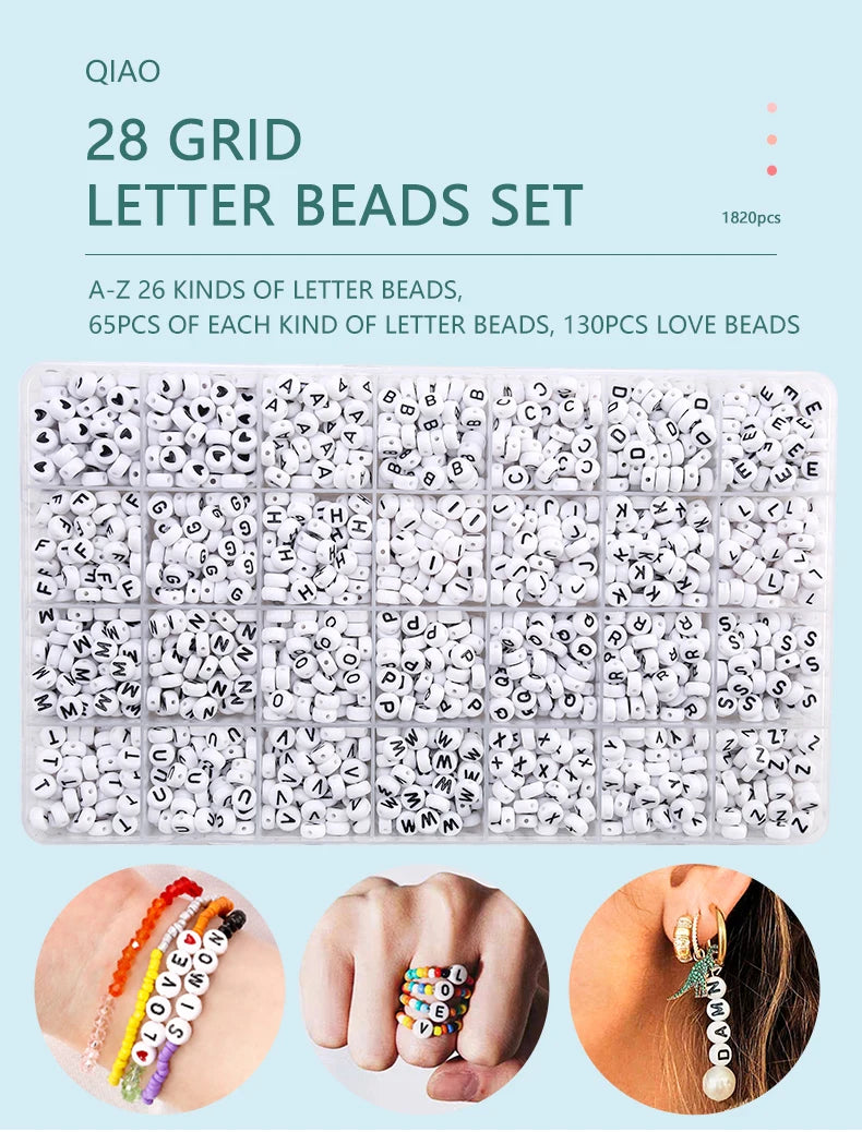 A set of 28 grid letter beads for jewelry making, including kinds of letter beads and love beads.