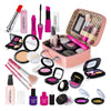 A collection of children's pretend play makeup products including lipsticks, eyeshadows, and a mirror set in a pink box.