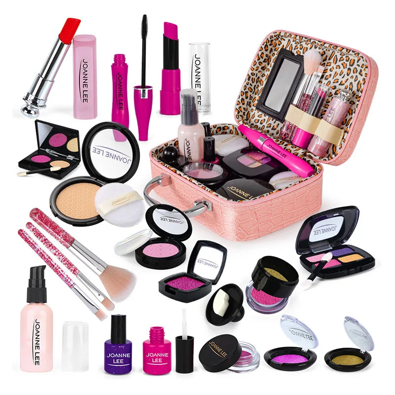 A collection of children's pretend play makeup products including lipsticks, eyeshadows, and a mirror set in a pink box.