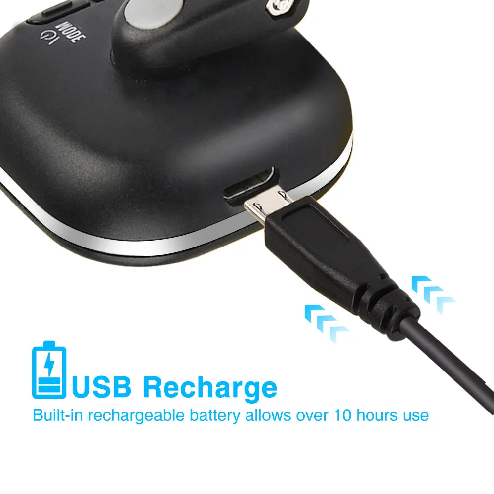 Black rechargeable clip-on tuner with a USB charging port and cable.