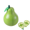 A green magnetic wooden fruit and vegetable cutting toy set with a leaf top.