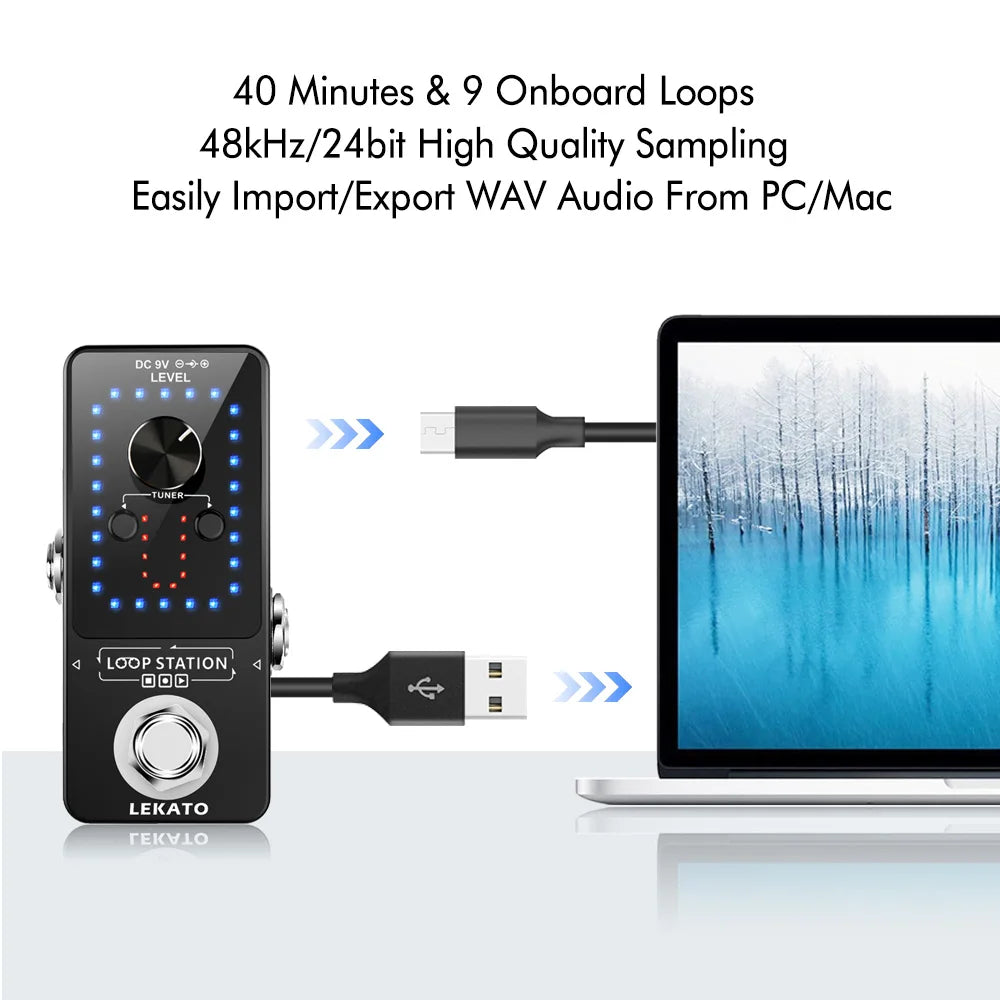 A black LEKATO looper guitar pedal with a tuner and USB output connected to a laptop screen.