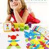 A young girl is shown interacting with a colorful wooden puzzle block set and design cards.