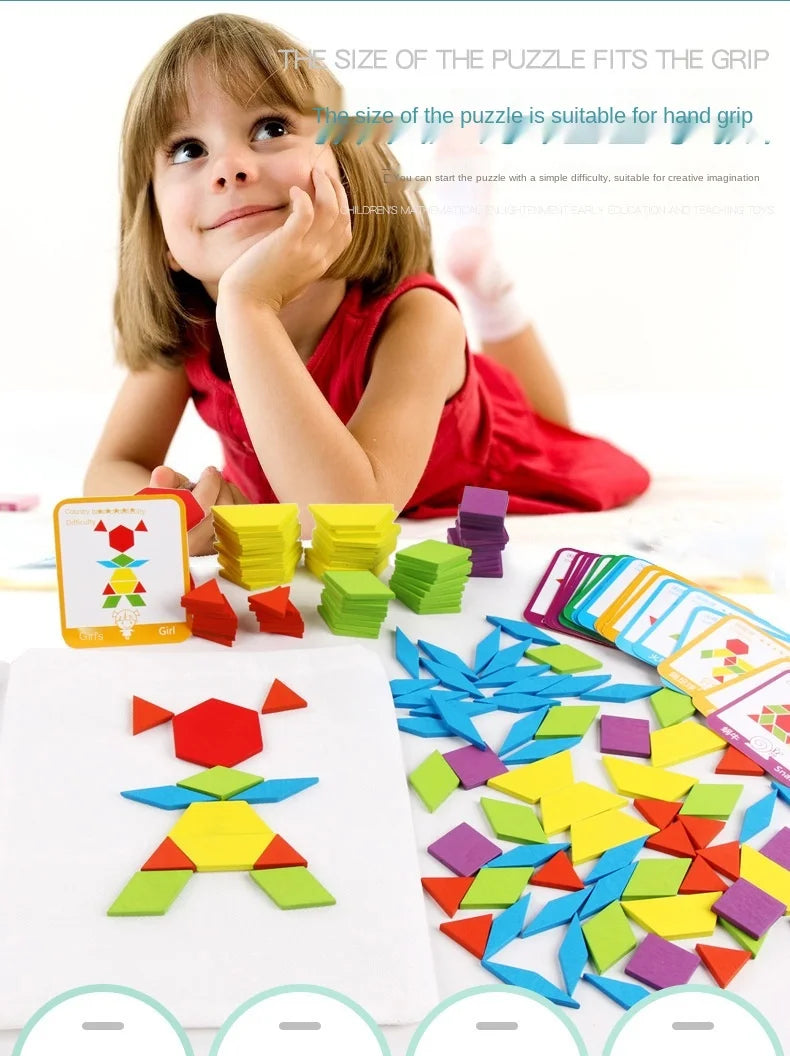 A young girl is shown interacting with a colorful wooden puzzle block set and design cards.