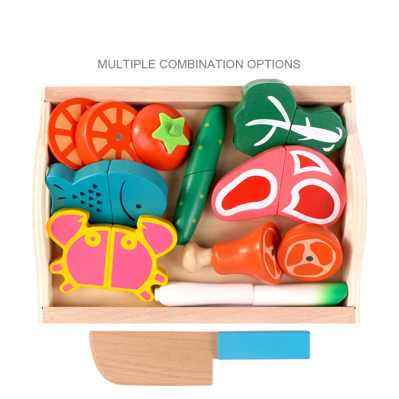 A wooden magnetic fruit and vegetable cutting play set featuring various colorful, shaped pieces.