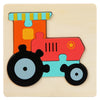 A wooden puzzle depicting a colorful cartoon animal train with bright orange and red colors.