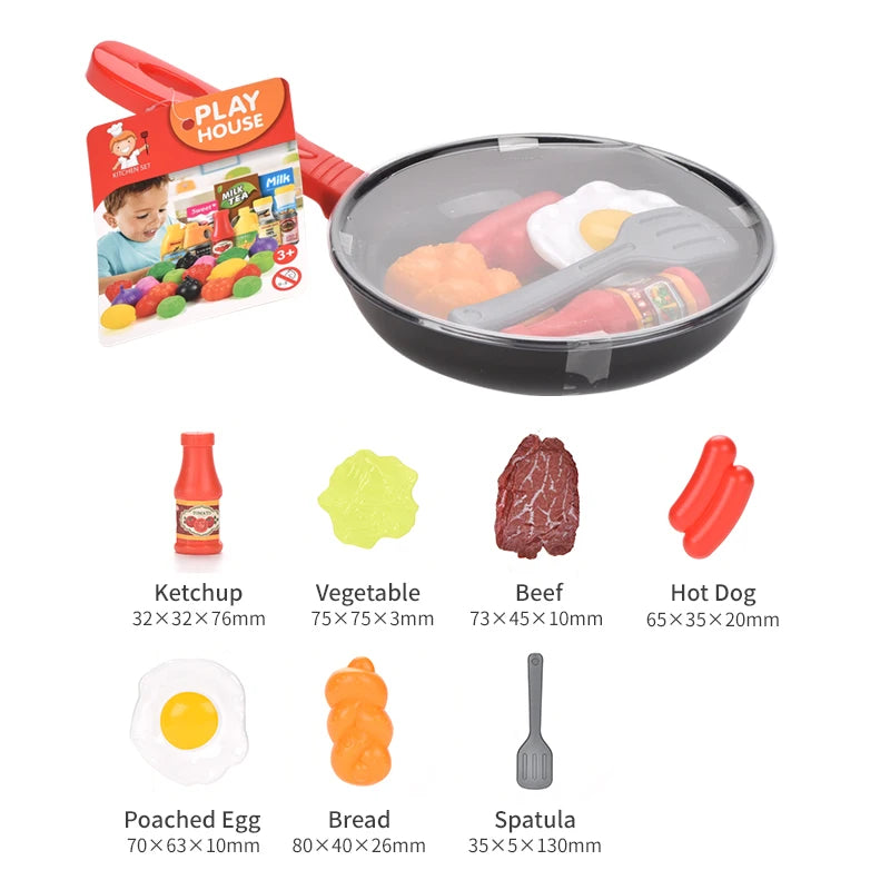 A set of pretend play food toys including various ingredients like ketchup, vegetables, beef, hot dog, poached egg, and bread