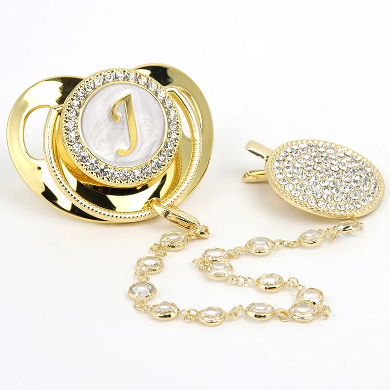 Gold initial J rhinestone pacifier with clip and chain