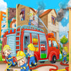 A group of children are playing with a large red van and a wooden jigsaw puzzle.
