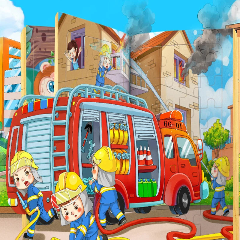 A group of children are playing with a large red van and a wooden jigsaw puzzle.